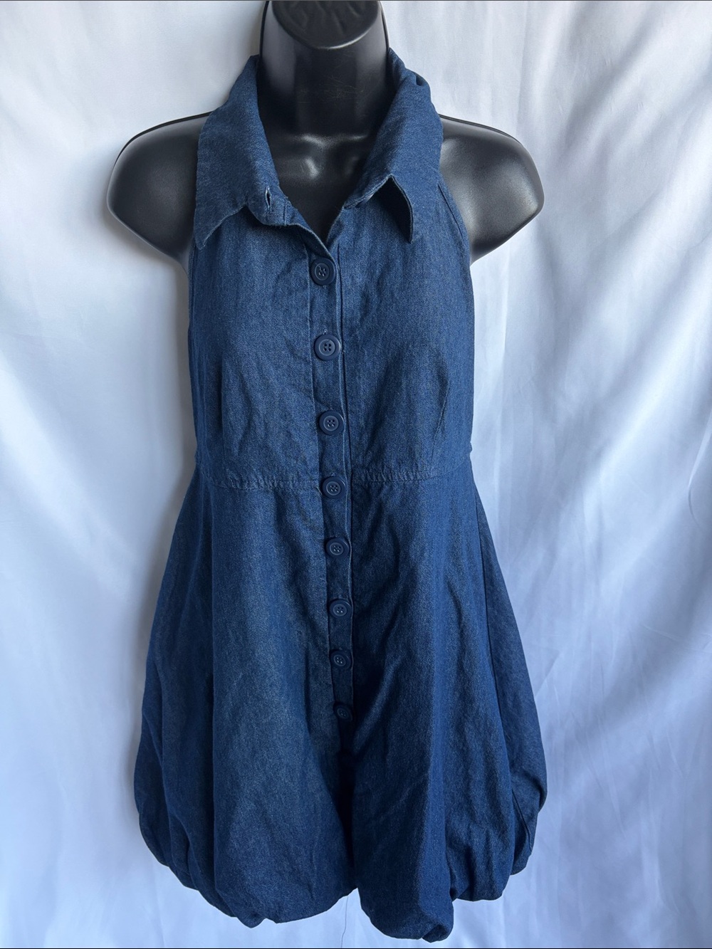 Poetry Clothing Denim Button front bubble halter dress sz M, 18” PTP, 33” L